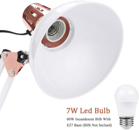 PowerKing Metal Swing Arm Desk Lamps, Adjustable and Flexible,Feading with Base and Clip 2-in-1 Function, Fit E26&E27 Bulbs Base, Application in Bedroom Living Room, Office Home (White+Rose Gold)