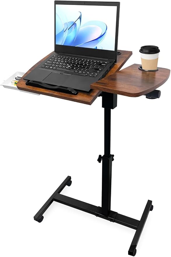 Medical Adjustable Overbed Bedside Table with 2 Tilting Desktops Teacher Podium Laptop Computer Cart Mobile Laptop Desk with Cup Holde,Drawer,Wheels for Office, Home and Classroom (Brown)