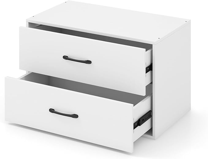 2 Drawer Lateral File Cabinet, Stackable Home Office Drawers, Under Desk Printer Stand, Low Storage Organizer, Horizontal Wooden Filing Cabinet for Study Living Room, No Wheels (1, White)