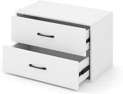 2 Drawer Lateral File Cabinet, Stackable Home Office Drawers, Under Desk Printer Stand, Low Storage Organizer, Horizontal Wooden Filing Cabinet for Study Living Room, No Wheels (1, White)