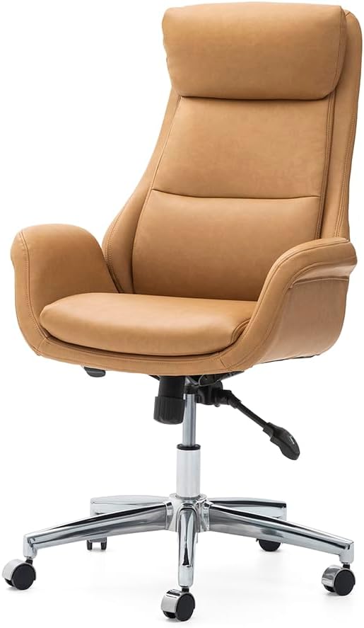 Glitzhome Modern Executive Office Chair, High Back PU Leather Ergonomic Computer Desk Chair, Adjustable Height Swivel Office Task Chair with Lumbar Back Support (Camel)