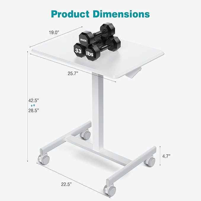 DUMOS Small Standing Desk Mobile Portable Rolling Laptop PC Table on Wheels Adjustable Height Computer Workstation for Home Office Small Space, 19 Inch, White