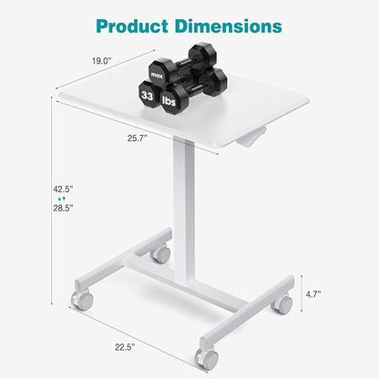 DUMOS Mobile Small Standing Desk, Portable Rolling Laptop Desk with 2 Lockable Wheels, Adjustable Height Computer Workstation for Home Office, 19 Inch White