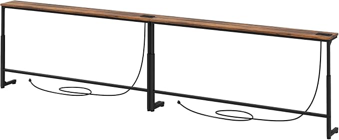 Kitstorack 102.3" Extra Long Behind Couch Table, Adjustable Height Narrow Console Table with 2 Power Strips, Split Design for Separate Wall Use, Anti-Scratch Tip, Rustic Brown for Living Room