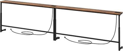Kitstorack 102.3" Extra Long Behind Couch Table, Adjustable Height Narrow Console Table with 2 Power Strips, Split Design for Separate Wall Use, Anti-Scratch Tip, Rustic Brown for Living Room
