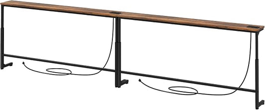 Kitstorack 102.3" Extra Long Behind Couch Table, Adjustable Height Narrow Console Table with 2 Power Strips, Split Design for Separate Wall Use, Anti-Scratch Tip, Rustic Brown for Living Room