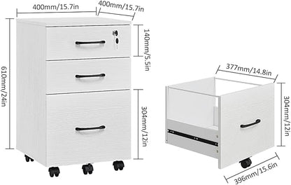 Panana 3 Drawer Wood Mobile File Cabinet, Under Desk Storage Drawers Small File Cabinet for Home Office (White)