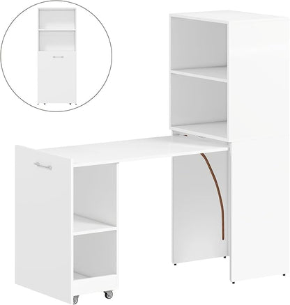 Zevemomo Folding Desk with Storage, Convertible Table with Shelves & Wheels, Craft Cabinet with Fold Out Table, Compact Computer Desk for Small Space, Reversible L Shaped Desk - White