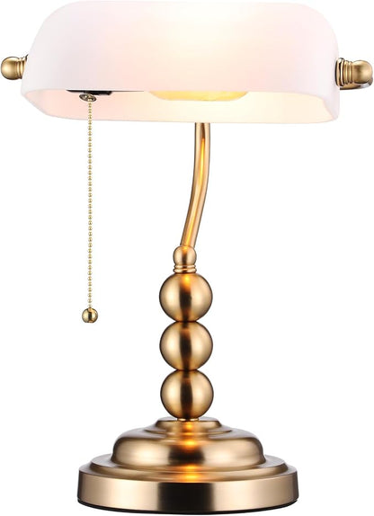 TORCHSTAR Ivory White Glass Bankers Desk Lamp with Pull Chain, E26 Base | Retro Weighted Base, Antique Traditional Library Lamp for Office Study Room, Bulbs not Included