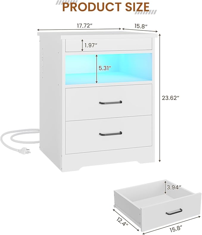 DICTAC Nightstand with Charging Station and LED Lights, Bedside Table with Lockable Sliding Desktop, Modern Night Stand with Storage Drawers and Open Shelf, End Side Table for Bedroom, Home Office