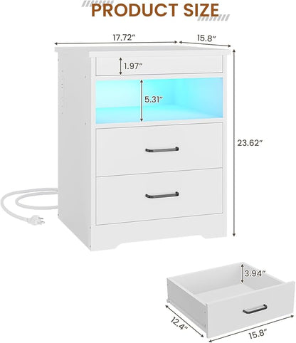 DICTAC Nightstand Set of 2 with Charging Station and LED Lights, Bedside Table with Lockable Sliding Desktop, Modern Night Stand with Storage Drawers and Open Shelf, End Table for Bedroom, Home Office