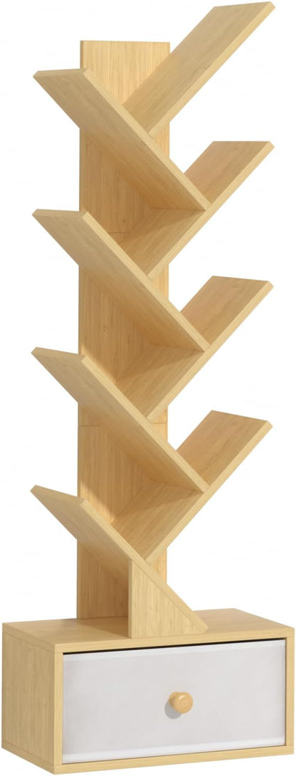 SHEEPAM 8 Tier Tree Bookshelf with Drawer, Free Standing Wood Bookcase for Narrow Space, Storage Organizer Bookshelves for Books, Book Case for Home Office, Living Room, Bedroom - Natural