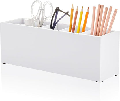 Jetec Wooden Pencil Pen Holder for Desk 5 Compartments Cosmetic Makeup Brush Stationery Office Desktop Organizers for Countertop Adjustable Silverware Caddy for Party, Art Supplies,Home(White)