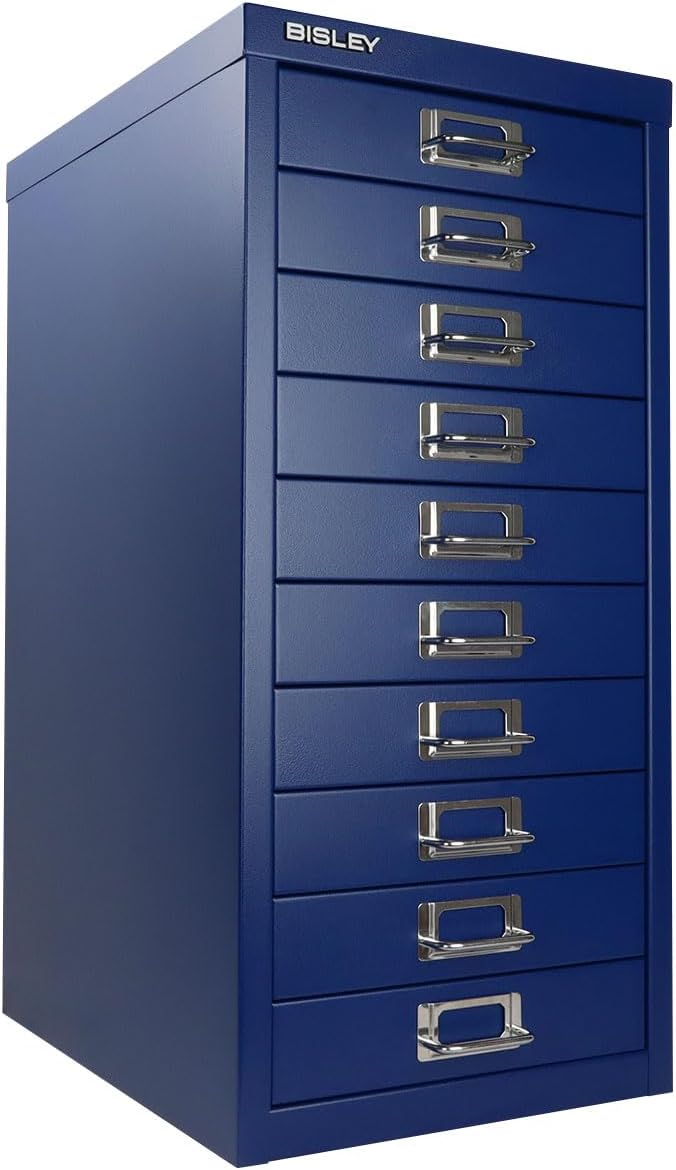 Bisley 10-Drawer Steel MultiDrawer Cabinet - Oxford Blue | Chrome Pull Handles with Label Holders, Powder-Coated Steel, Removable Drawers, Fits Under Most Desks, Labels Included