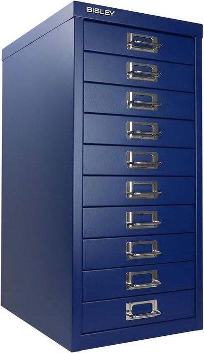 Bisley 10-Drawer Steel MultiDrawer Cabinet - Oxford Blue | Chrome Pull Handles with Label Holders, Powder-Coated Steel, Removable Drawers, Fits Under Most Desks, Labels Included