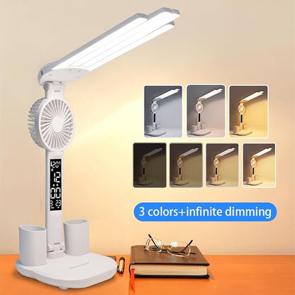6-in-1 Led Desk Lamp Adjustable Foldable Table Lamp with Fan, Clock, Dates, Temperature, Pen Holder, 3 Color & Stepless Dimming, Reading Lamp for Study Table Work Office