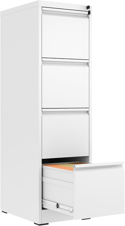 4 Drawer File Cabinet with Lock, Metal Vertical Filing Cabinets for Home Office, Heavy Duty File Storage Cabinet for Letter/Legal/A4/F4 Size File, Assembly Required, White