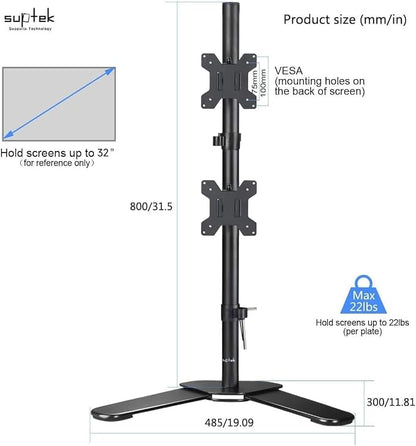 Suptek Dual LED LCD Monitor Stand up Free-Standing Desk Mount for 2 / Two Screens up to 32 inch Extra Tall 31.5 inch Pole Heavy Duty Fully Adjustable Stand Vertical Array (ML6802)