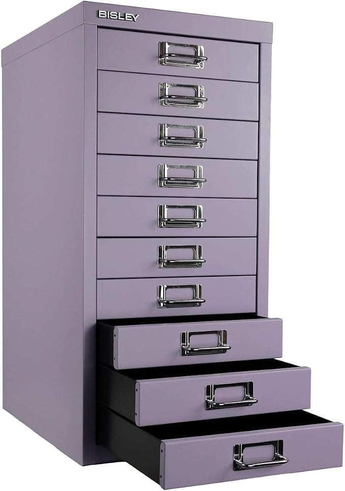 Bisley 10-Drawer Steel MultiDrawer Cabinet - Lilac | Chrome Pull Handles with Label Holders, Powder-Coated Steel, Removable Drawers, Fits Under Most Desks, Labels Included