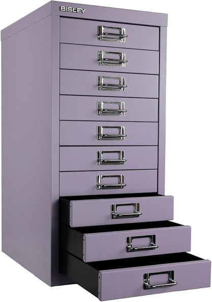 Bisley 10-Drawer Steel MultiDrawer Cabinet - Lilac | Chrome Pull Handles with Label Holders, Powder-Coated Steel, Removable Drawers, Fits Under Most Desks, Labels Included