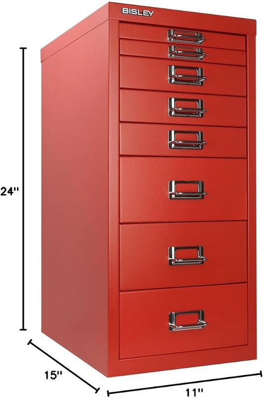 Bisley 8-Drawer Steel MultiDrawer Cabinet - Cardinal Red | Chrome Pull Handles with Label Holders, Powder-Coated Steel, Removable Drawers, Fits Under Most Desks, Labels Included