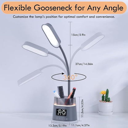 Led Desk Lamp with Pen Holder, Touch Lamps for Nightstand Eye-Caring Bedside Reading Light with Clock, Office Lamps Stepless Dimming, Lamp for Dorm Room, Suitable for Kid/Girl/Boy (Gray)
