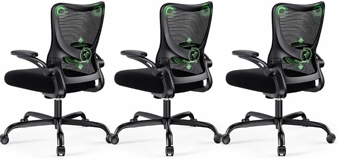 Marsail Ergonomic Office Chair Desk Chair with 3D PU Armrests and Adjustable Lumbar Support Breathable Mesh Chair Executive Rolling Swivel Comfy Task Chair for Home Office Gaming，Pack of 3