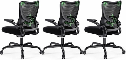 Marsail Ergonomic Office Chair Desk Chair with 3D PU Armrests and Adjustable Lumbar Support Breathable Mesh Chair Executive Rolling Swivel Comfy Task Chair for Home Office Gaming，Pack of 3