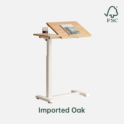 Height Adjustable Bedside Desk, 100% Solid Wood Overbed Table with Wheels, Rolling Laptop Table for Home, Office, Study, Bedroom