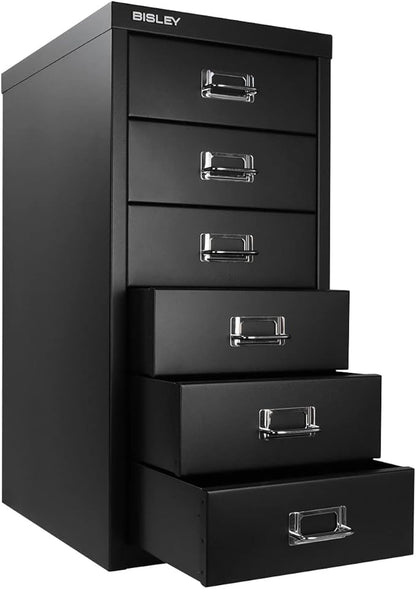 Bisley 6-Drawer Steel MultiDrawer Cabinet - Black | Chrome Pull Handles with Label Holders, Powder-Coated Steel, Removable Drawers, Fits Under Most Desks, Labels Included