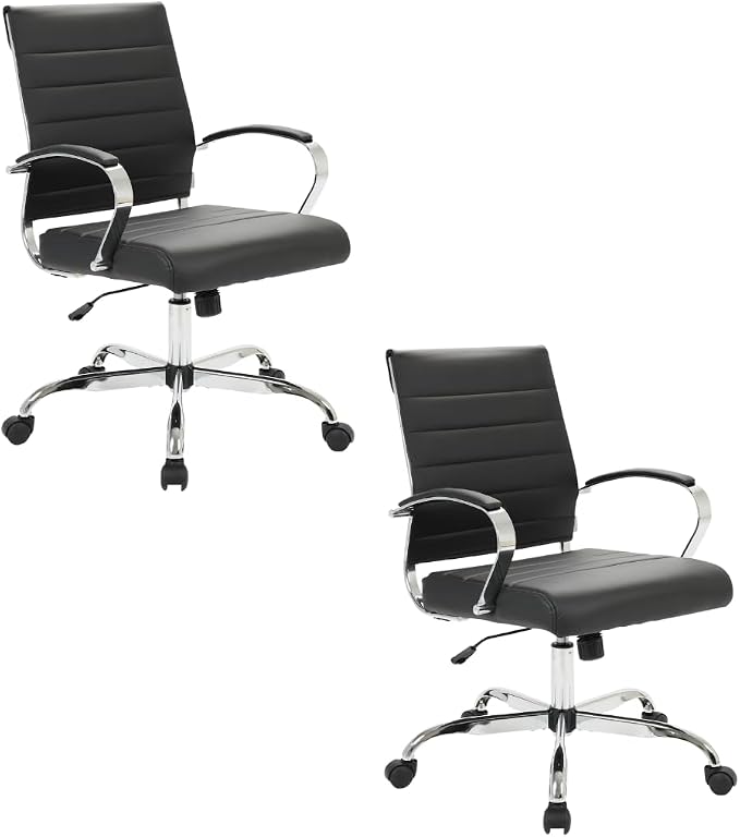 LeisureMod Benmar Leather Office Desk Chair, Mid-Back Ergonomic Swivel Chair with Lumbar Support, Adjustable Height, Tilt Lock, Cushioned Seat & Back, Home Office Task Chair (Black, Set of 2)