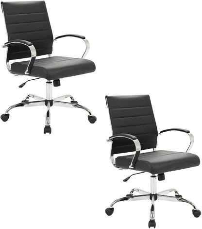 LeisureMod Benmar Leather Office Desk Chair, Mid-Back Ergonomic Swivel Chair with Lumbar Support, Adjustable Height, Tilt Lock, Cushioned Seat & Back, Home Office Task Chair (Black, Set of 2)
