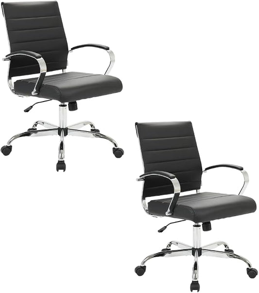LeisureMod Benmar Leather Office Desk Chair, Mid-Back Ergonomic Swivel Chair with Lumbar Support, Adjustable Height, Tilt Lock, Cushioned Seat & Back, Home Office Task Chair (Black, Set of 2)