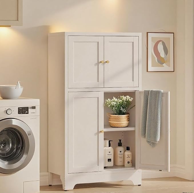 Metal Pantry Cabinet,Tall Kitchen Pantry Storage Cabinet with 4 Doors and 2 Adjustable Shelves,White Freestanding Cupboard Cabinet for Kitchen,Living Room,Dining Room,Home