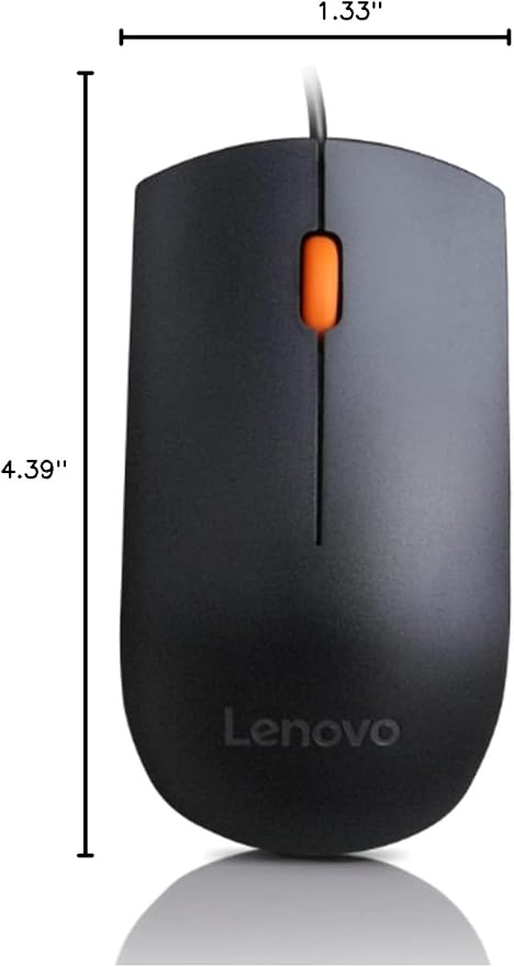 Lenovo 300 USB wired computer mouse - full size optical ambidextrous with 1600 DPI, reliable USB-A connection, easy 3-button navigation – long lasting, durable, black