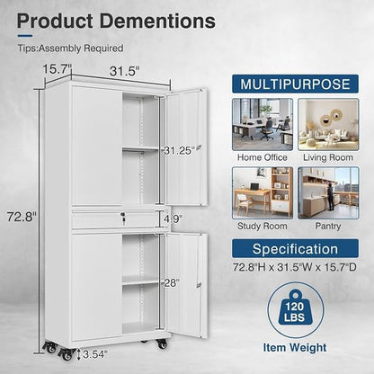 White Metal Storage Cabinet with Wheels, 73" Tall Garage Rolling Storage Cabinets with Doors and Shelves, Lockable Tool Caninet Steel Locking Cabnets for Home Office, Garage, Pantry