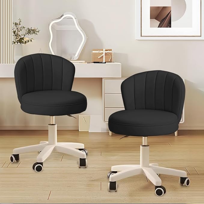 Small Desk Chair Round Rolling Chair with Back PU Leather Height Adjustable Swivel Vanity Work Computer Stool Chair for Home Office Bedroom, Set of 2