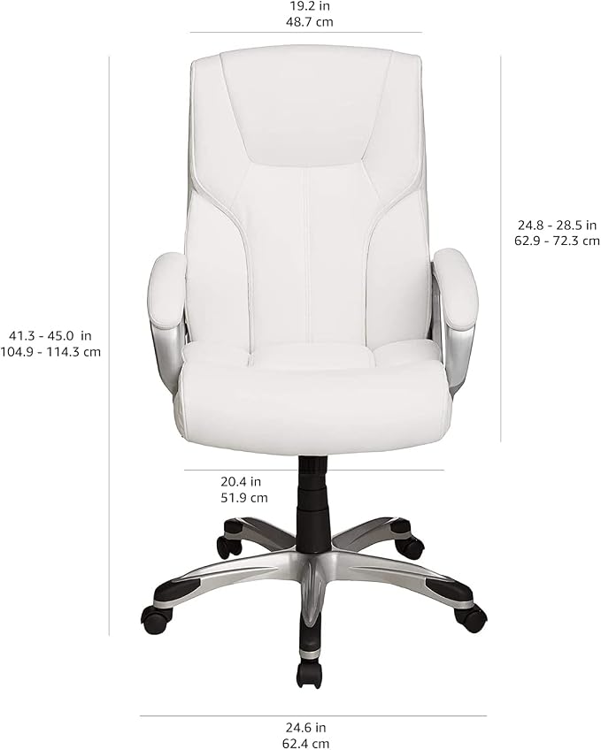 Amazon Basics Executive High Back Office Desk Chair, Adjustable Height, Tilt, Swivel, 275lb Capacity, Bonded Leather, White/Pewter