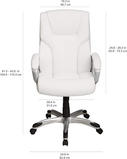 Amazon Basics Executive High Back Office Desk Chair, Adjustable Height, Tilt, Swivel, 275lb Capacity, Bonded Leather, White/Pewter