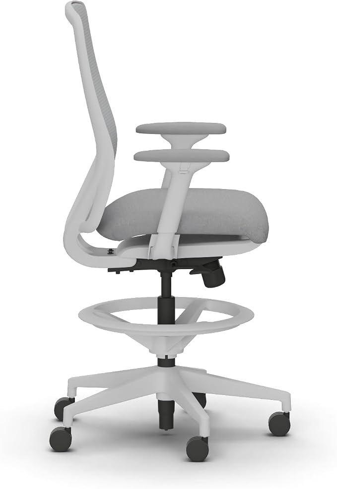 HON Nucleus Task Stool, Ergonomic Office Chair, Home Office Desk Chairs, Synchro-Tilt with Seat Slider, Adjustable Footring, Height-Width Adjustable Arms, Fog Mesh, White Frame, Aspen