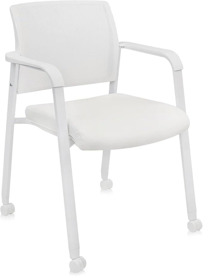 CLATINA Mesh Back Guest Reception Stacking Chair with Wheels, Waiting Room Stackable Chairs with Upholstered Leather Seat & Ergonomic Lumbar Support for Office Conference School Study Lobby, White