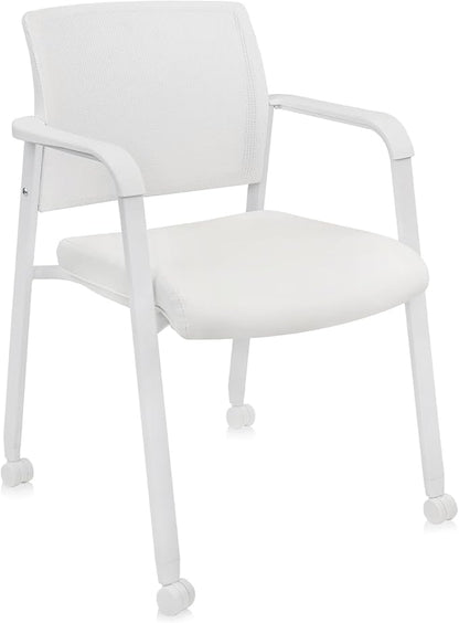 CLATINA Mesh Back Guest Reception Stacking Chair with Wheels, Waiting Room Stackable Chairs with Upholstered Leather Seat & Ergonomic Lumbar Support for Office Conference School Study Lobby, White