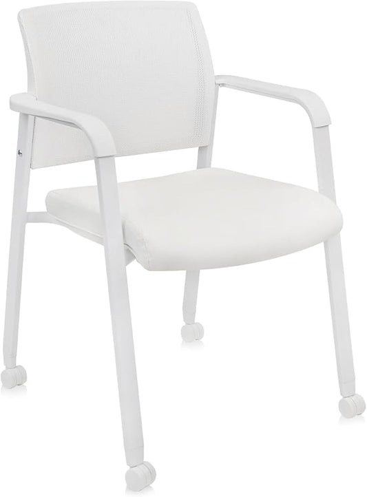 CLATINA Mesh Back Guest Reception Stacking Chair with Wheels, Waiting Room Stackable Chairs with Upholstered Leather Seat & Ergonomic Lumbar Support for Office Conference School Study Lobby, White