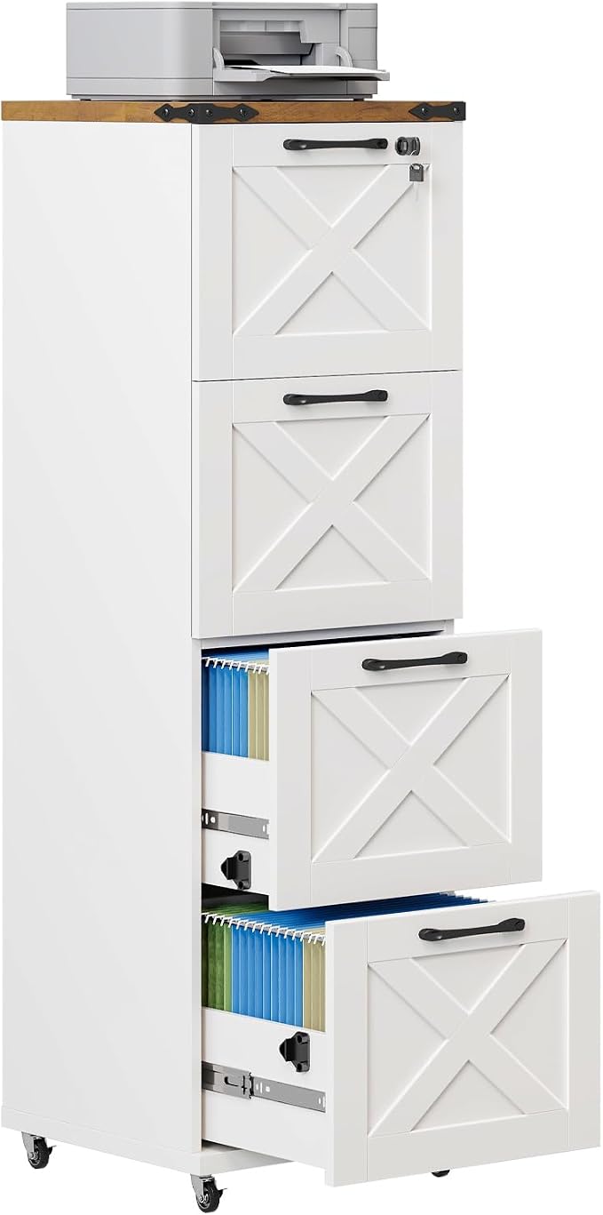 Halitaa Vertical Farmhouse Locking Rolling File Cabinet, Office Filing Cabinet with 4 Drawers & Wheels for Hanging Files Letter/A4，Printer Stand for Home Office