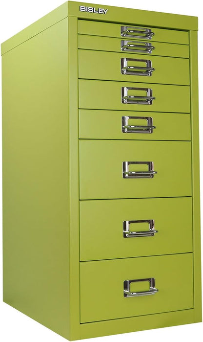 8-Drawer Steel MultiDrawer Cabinet - Green, by Bisley | Chrome Pull Handles with Label Holders, Powder-Coated Steel, Removable Drawers, Fits Under Most Desks, Labels Included