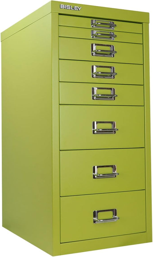 8-Drawer Steel MultiDrawer Cabinet - Green, by Bisley | Chrome Pull Handles with Label Holders, Powder-Coated Steel, Removable Drawers, Fits Under Most Desks, Labels Included