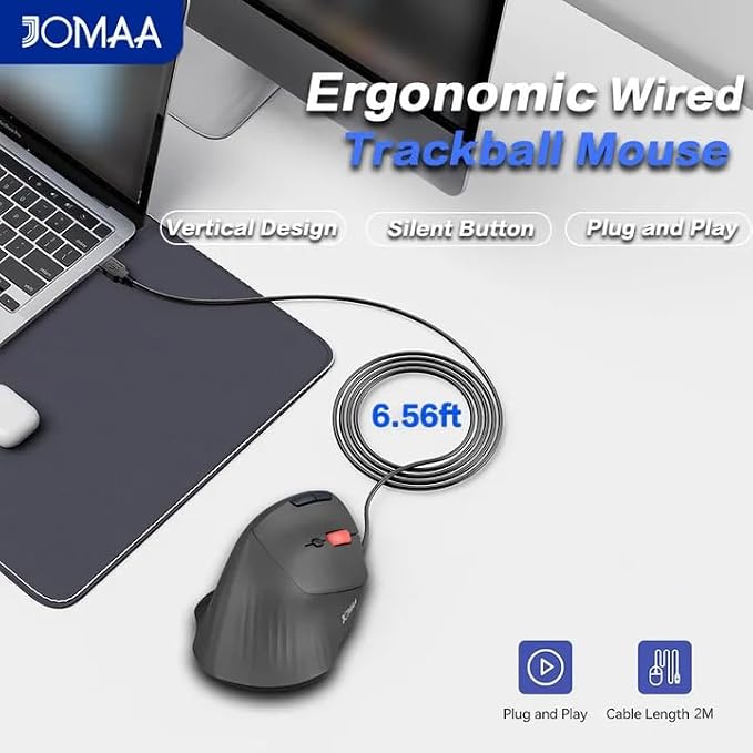 JOMAA Wired Trackball Mouse – 6-Button Ergonomic Design with CPI Switch (400/800/1200/1600), Red LED Indicator, 250Hz Polling Rate, Plug & Play, for PC, Laptop, Desktop (Black)