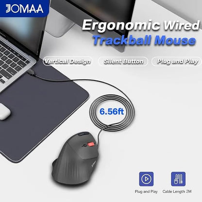 JOMAA Wired Trackball Mouse – 6-Button Ergonomic Design with CPI Switch (400/800/1200/1600), Red LED Indicator, 250Hz Polling Rate, Plug & Play, for PC, Laptop, Desktop (Black)
