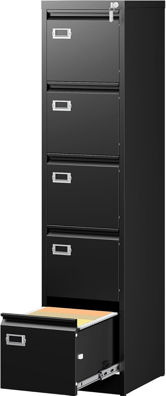 SISESOL 5 Drawer File Cabinet with Lock,Black Narrow Vertical File Cabinet Five Drawer,Tall Office Filing Cabinets,Metal Filing Cabinets for Home Office,Fit A4,Legal,Letter Size,-Assembly Required