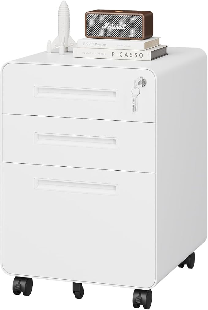 PEUKC 3 Drawer File Cabinet with Lock, Metal Under Desk Rolling Filing Cabinet fits Letter/Legal/A4 Size for Home Office,(Fully Assembled, White)